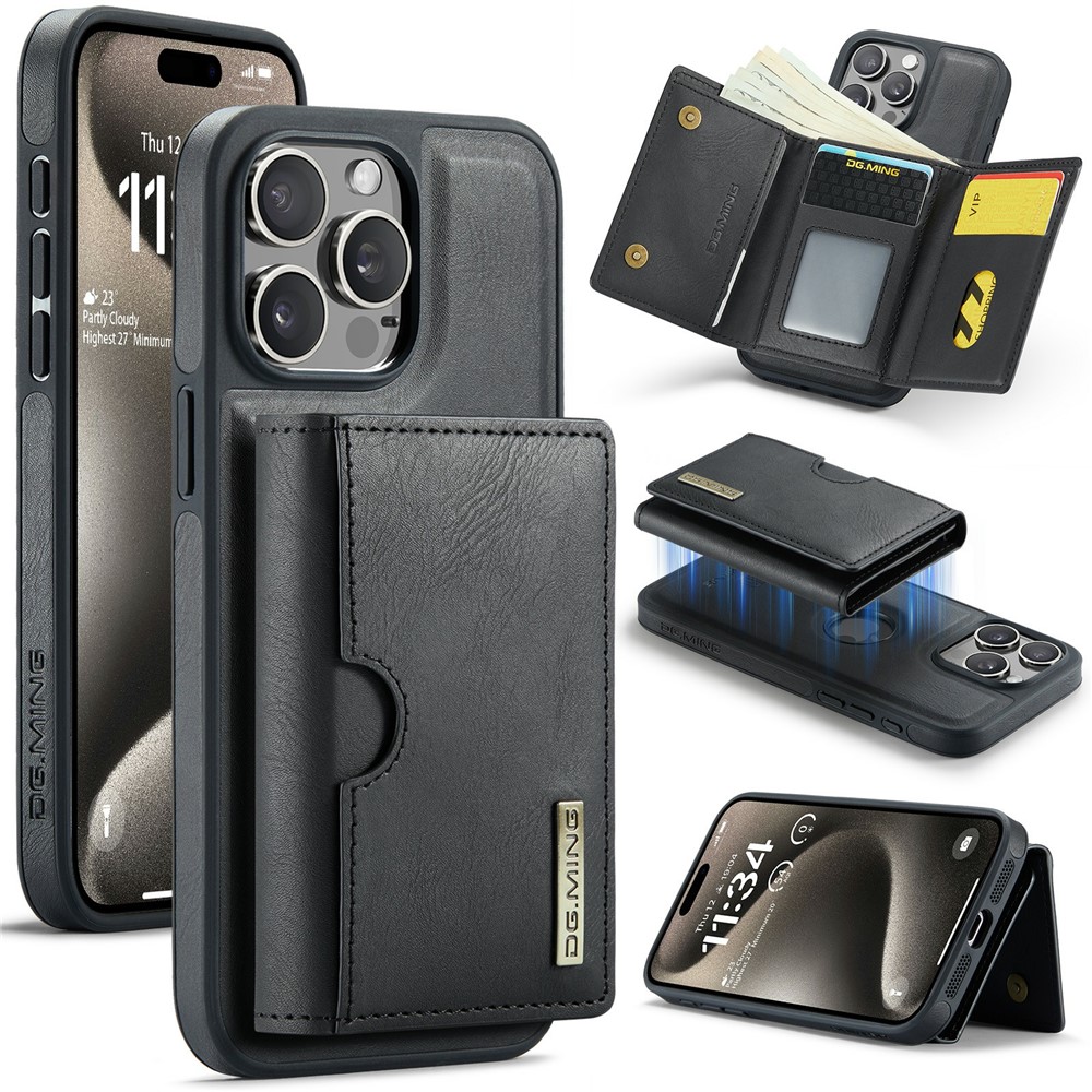 DG.MING M6 Series For iPhone 14 Pro Max Case Magnetic Wallet PU+PC+TPU Phone Cover - Black