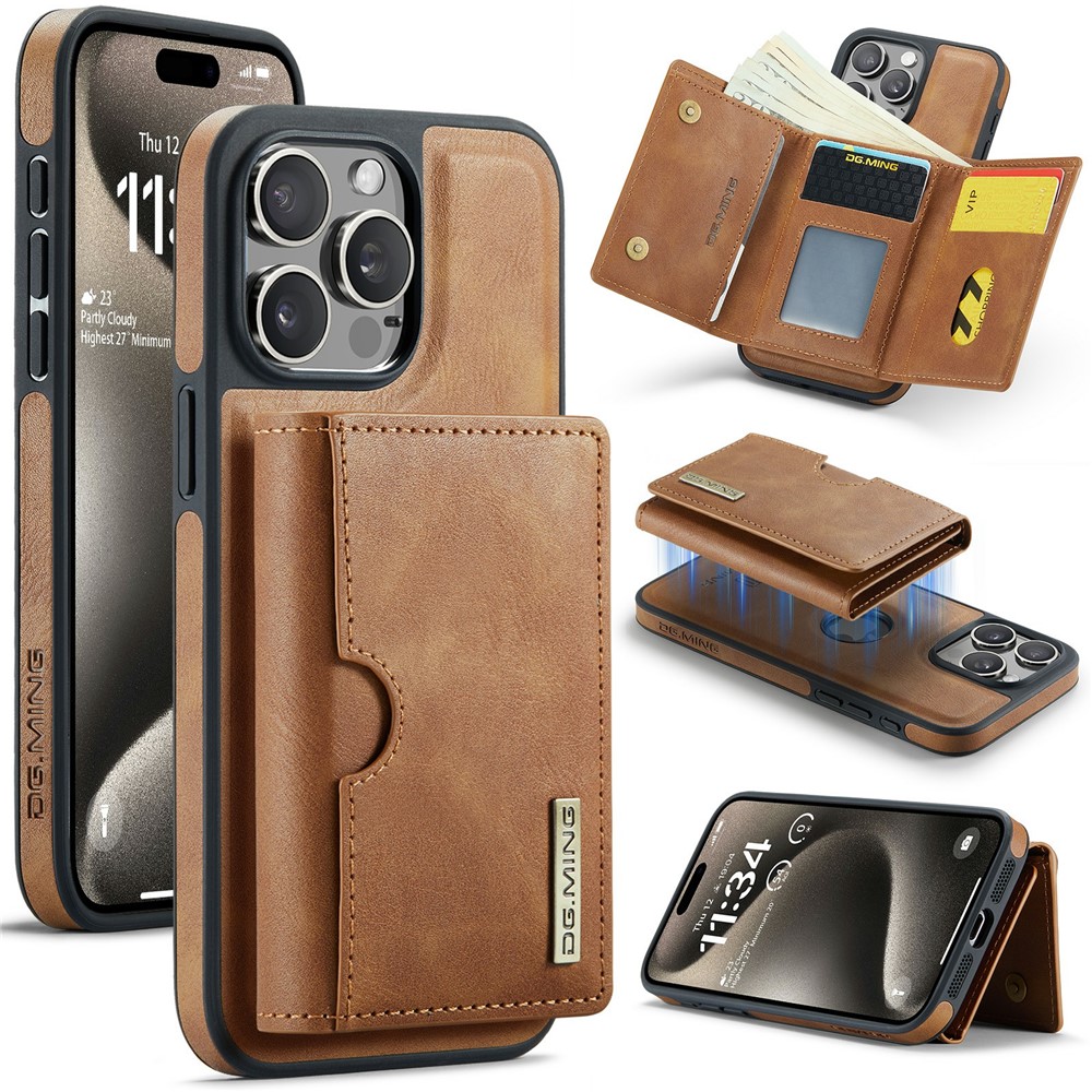 DG.MING M6 Series For iPhone 14 Pro Max Case Magnetic Wallet PU+PC+TPU Phone Cover - Brown