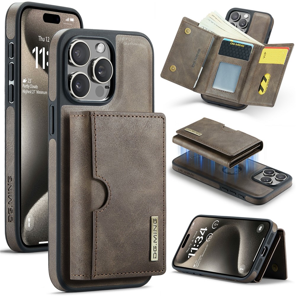 DG.MING M6 Series For iPhone 14 Pro Max Case Magnetic Wallet PU+PC+TPU Phone Cover - Coffee