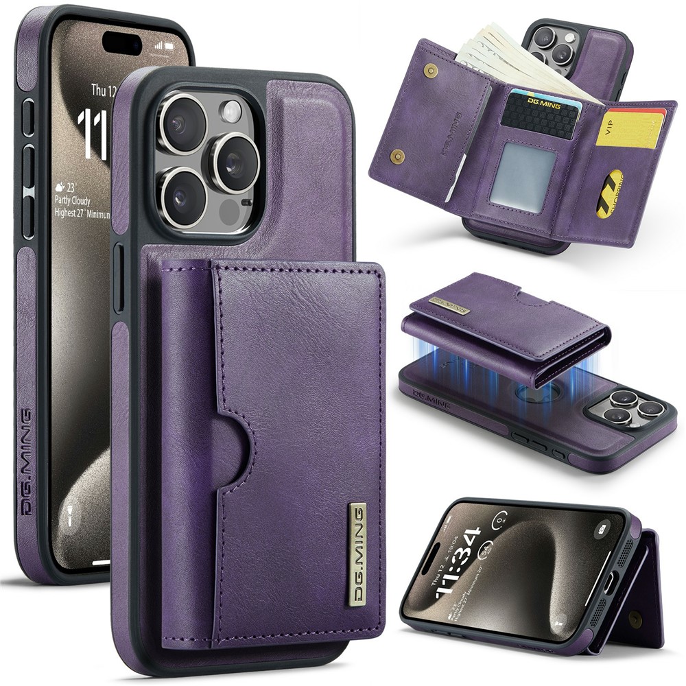 DG.MING M6 Series For iPhone 14 Pro Max Case Magnetic Wallet PU+PC+TPU Phone Cover - Purple