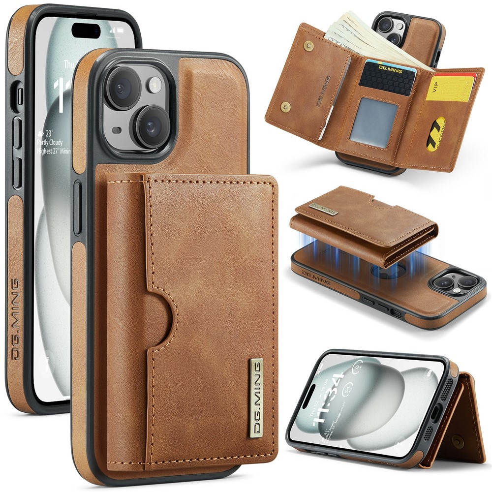 DG.MING M6 Series For iPhone 15 Case Magnetic Wallet PU+PC+TPU Phone Cover - Brown