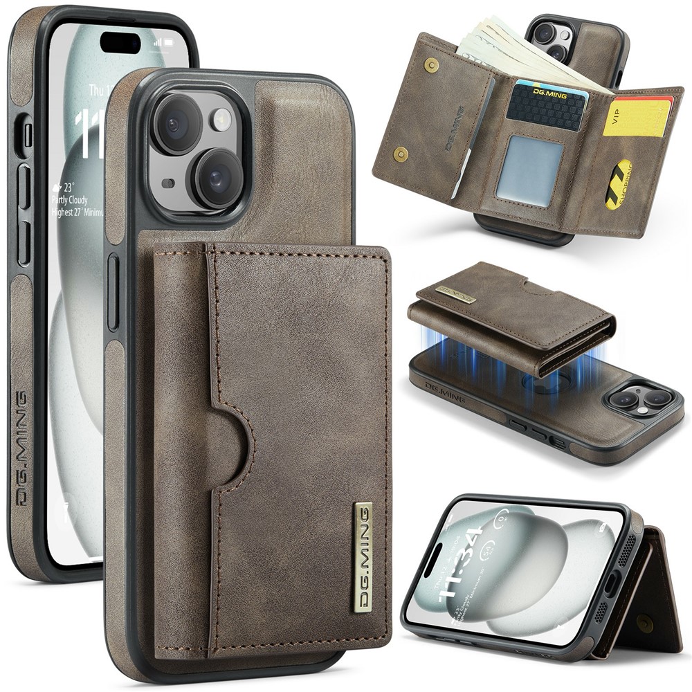 DG.MING M6 Series For iPhone 15 Case Magnetic Wallet PU+PC+TPU Phone Cover - Coffee