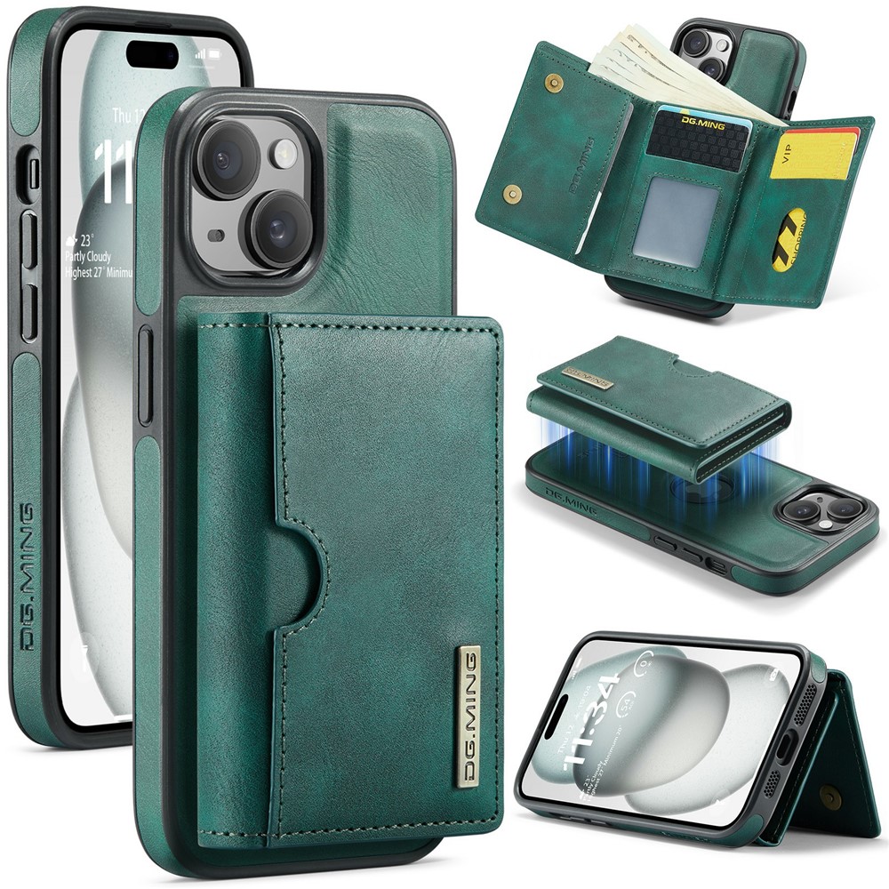 DG.MING M6 Series For iPhone 15 Case Magnetic Wallet PU+PC+TPU Phone Cover - Green