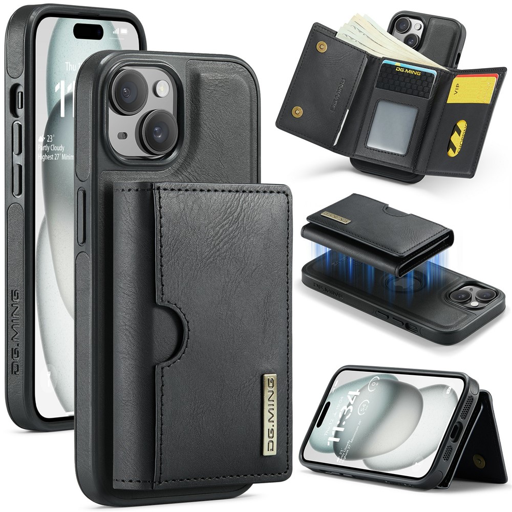 DG.MING M6 Series For iPhone 15 Plus Case Magnetic Wallet PU+PC+TPU Phone Cover - Black