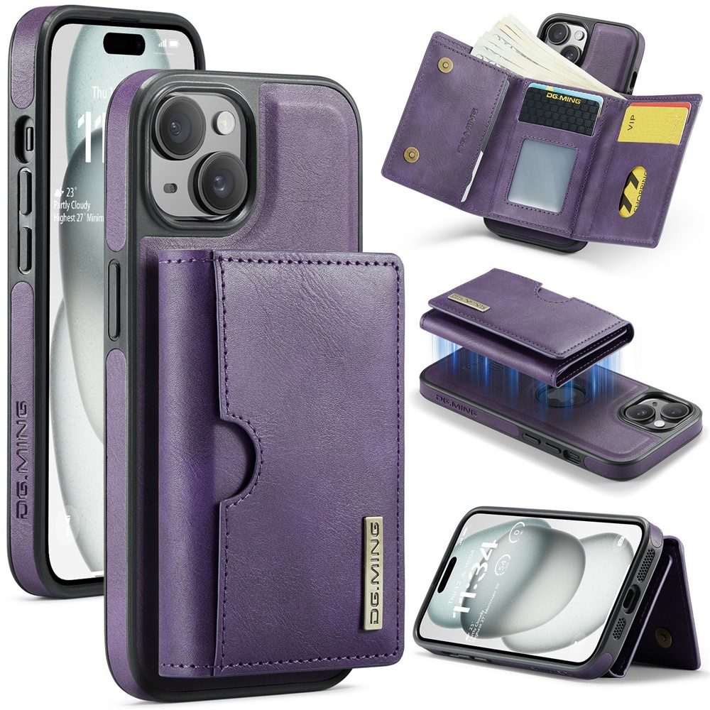 DG.MING M6 Series For iPhone 15 Plus Case Magnetic Wallet PU+PC+TPU Phone Cover - Purple