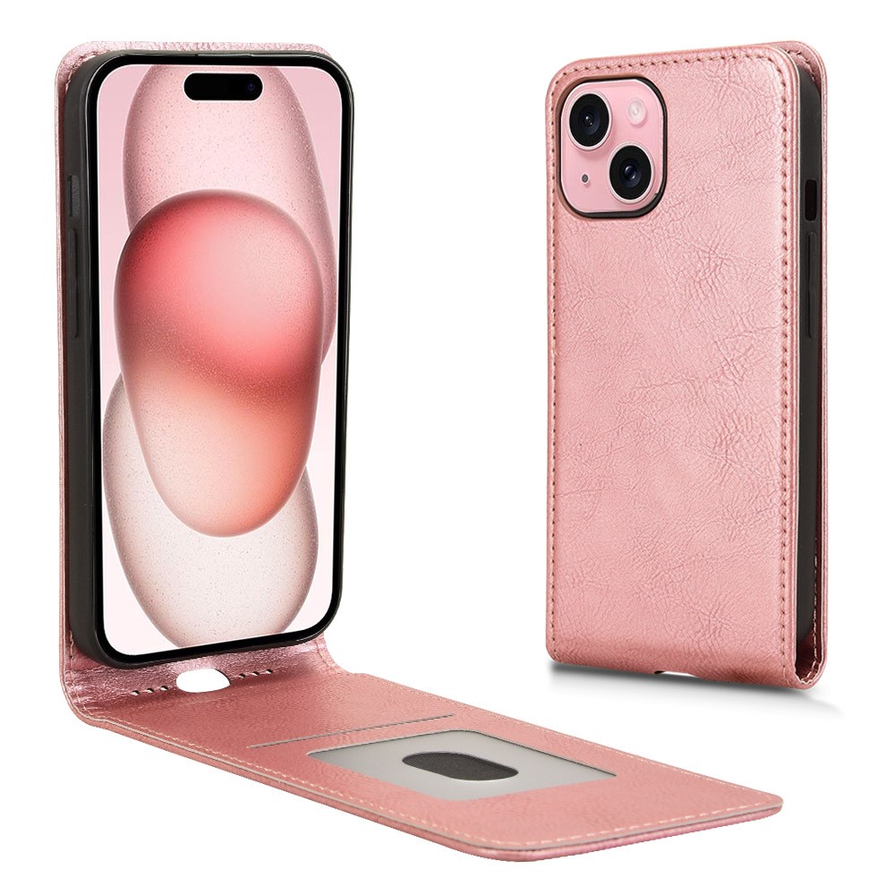 For iPhone 15 Plus Case with Card Slot Magnetic Vertical Flip Leather Phone Cover - Rose Gold