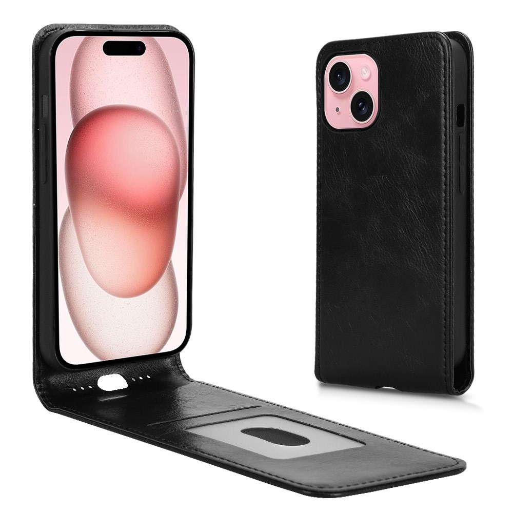 For iPhone 15 Case with Card Slot Magnetic Vertical Flip Leather Phone Cover - Black