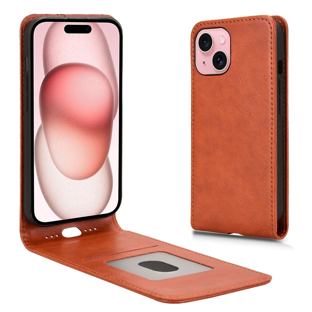 For iPhone 15 Case with Card Slot Magnetic Vertical Flip Leather Phone Cover - Orange
