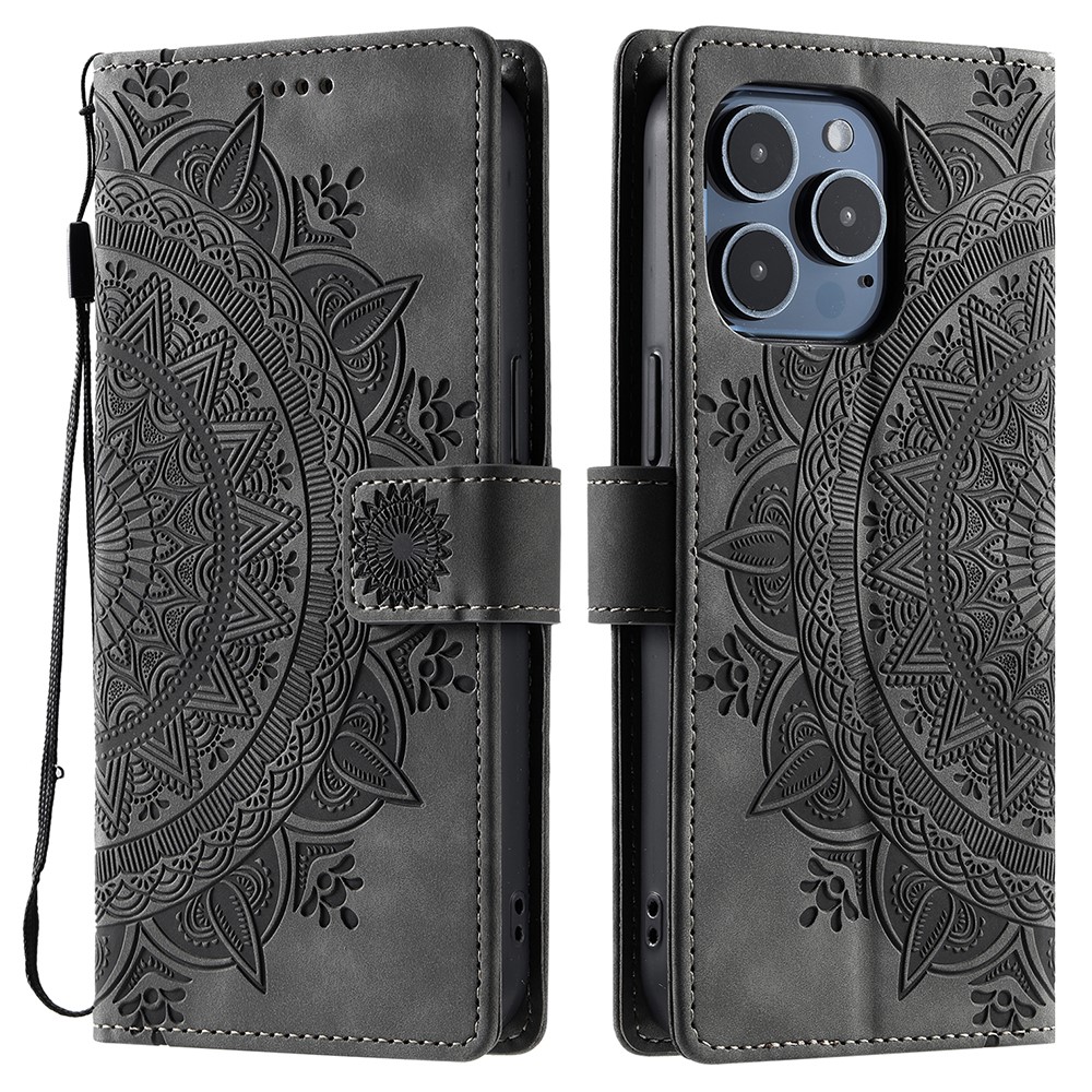 Style 018 For iPhone 13 Pro Case Imprinted Totem Skin Feel Wallet Leather Phone Cover - Grey