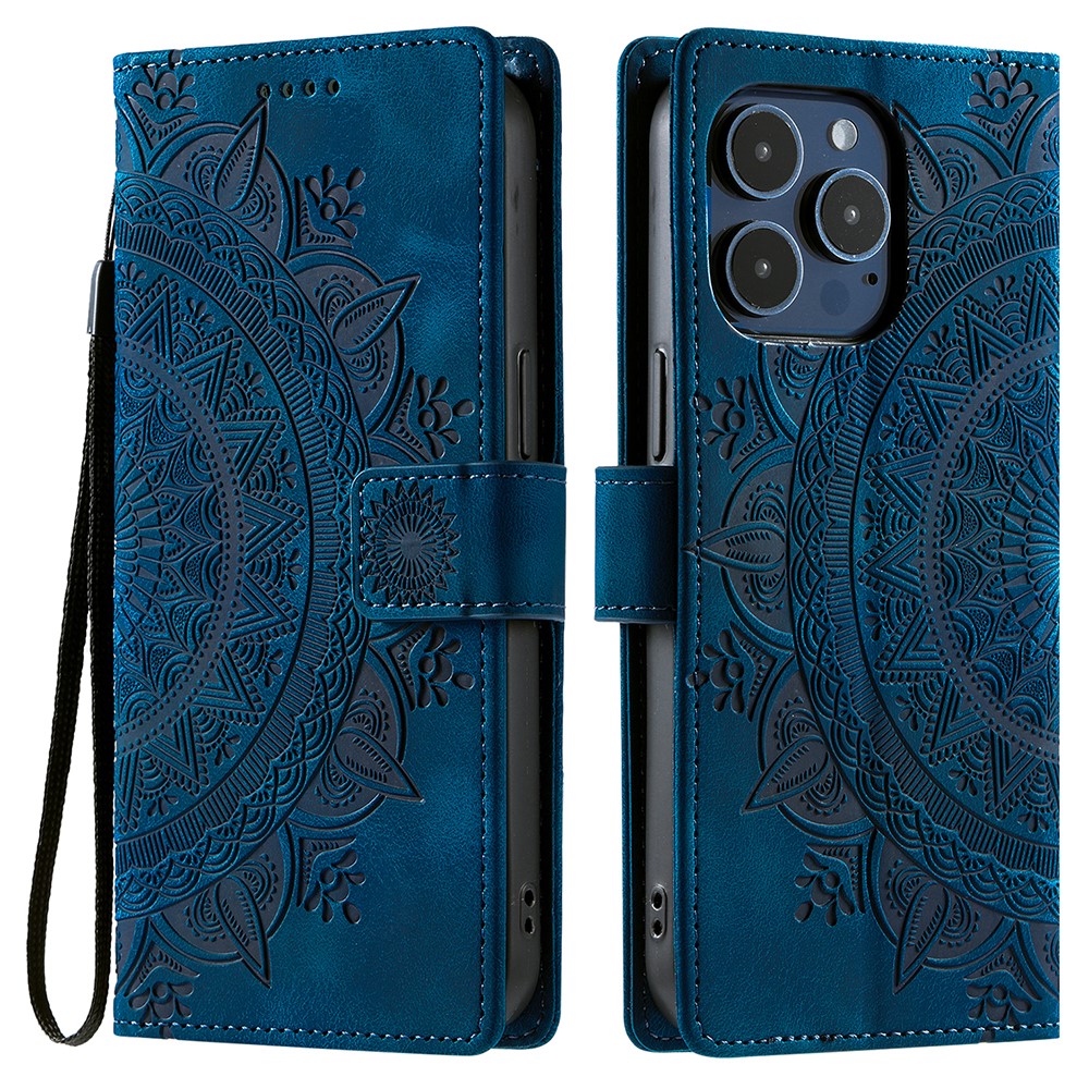 Style 018 For iPhone 13 Pro Case Imprinted Totem Skin Feel Wallet Leather Phone Cover - Blue