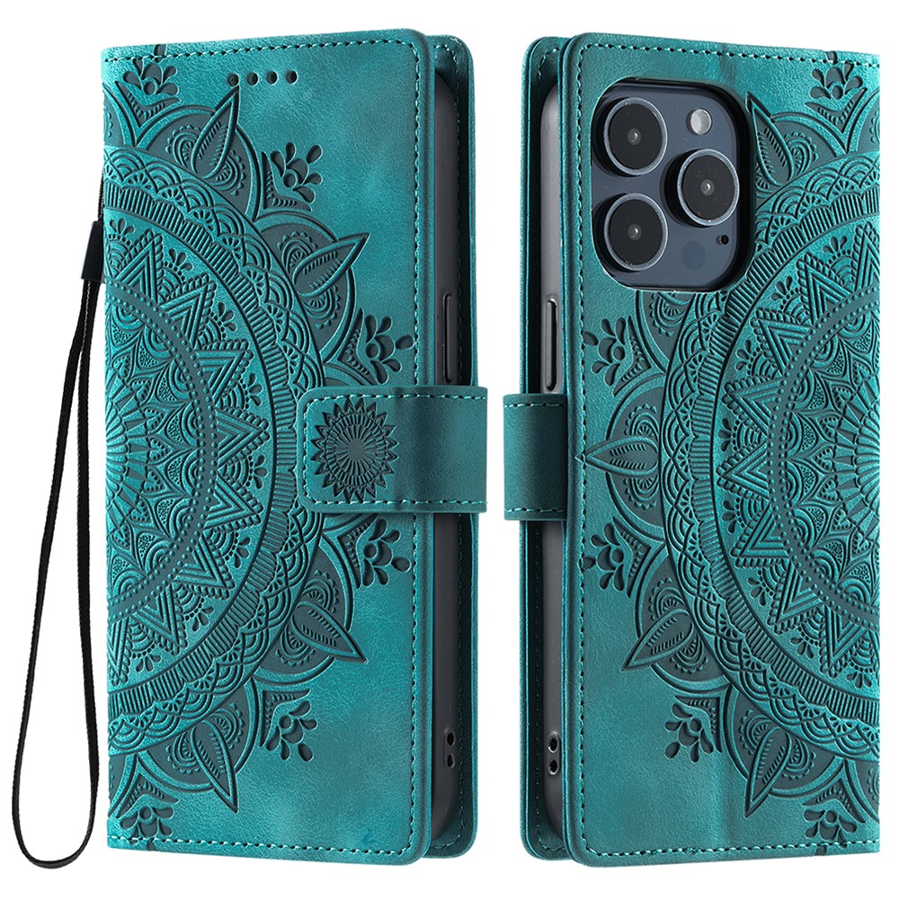Style 018 For iPhone 13 Pro Case Imprinted Totem Skin Feel Wallet Leather Phone Cover - Mint Green