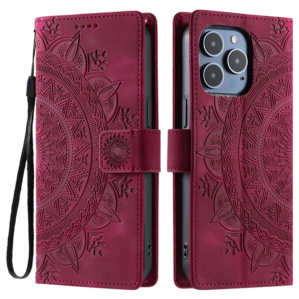 Style 018 For iPhone 13 Pro Case Imprinted Totem Skin Feel Wallet Leather Phone Cover - Rose