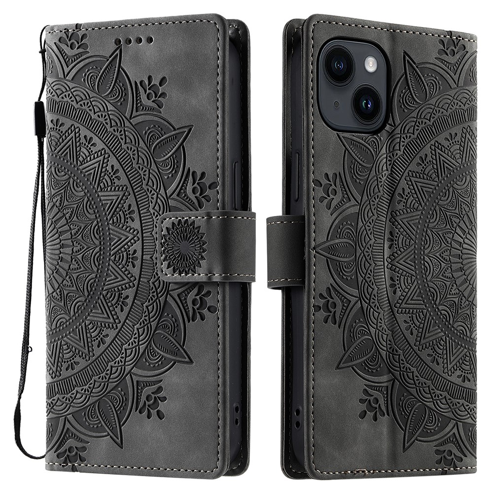 Style 018 For iPhone 14 Case Imprinted Totem Skin Feel Wallet Leather Phone Cover - Grey