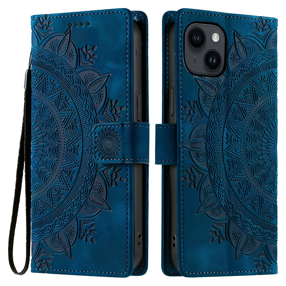 Style 018 For iPhone 14 Case Imprinted Totem Skin Feel Wallet Leather Phone Cover - Blue