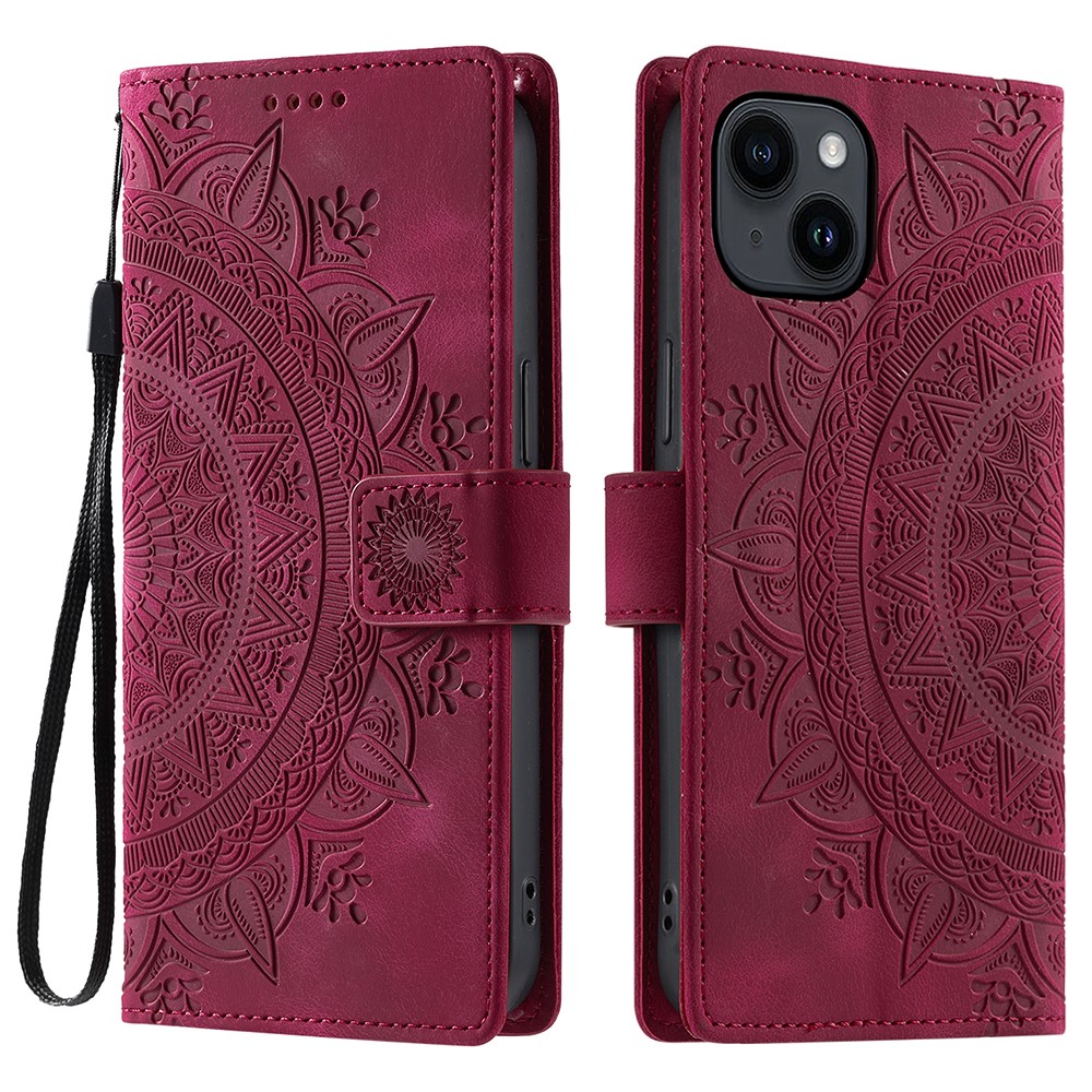Style 018 For iPhone 14 Case Imprinted Totem Skin Feel Wallet Leather Phone Cover - Rose