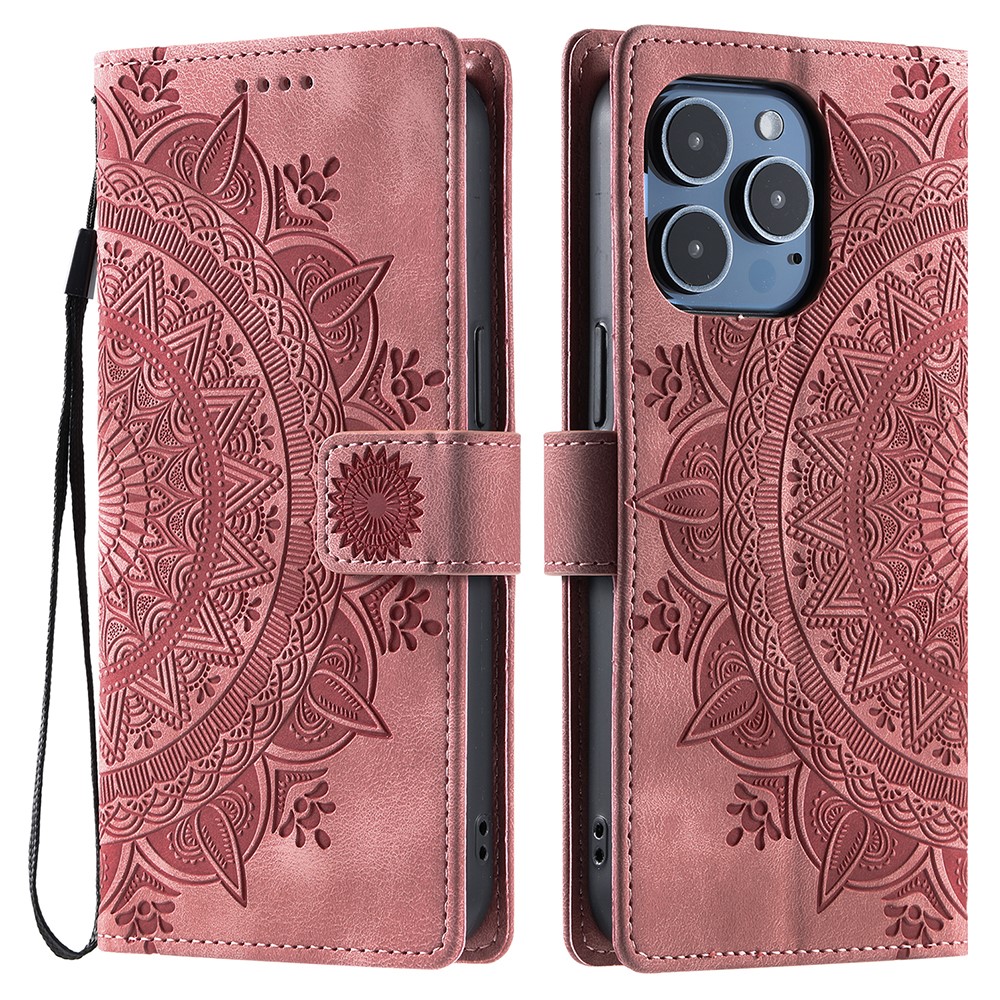 Style 018 For iPhone 14 Pro Case Imprinted Totem Skin Feel Wallet Leather Phone Cover - Rose Gold