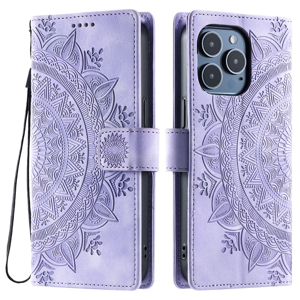 Style 018 For iPhone 14 Pro Max Case Imprinted Totem Skin Feel Wallet Leather Phone Cover - Purple