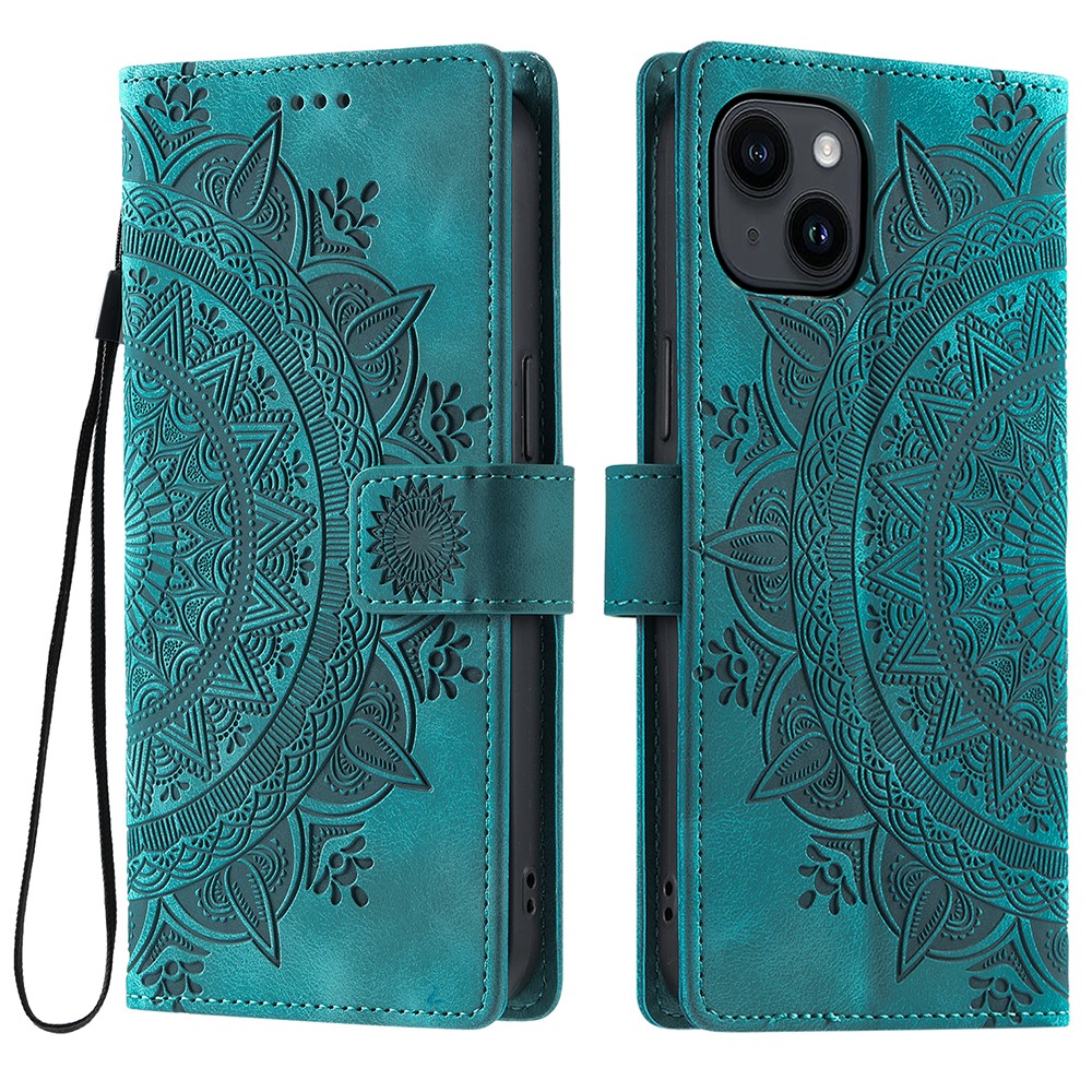Style 018 For iPhone 15 Case Imprinted Totem Skin Feel Wallet Leather Phone Cover - Mint Green