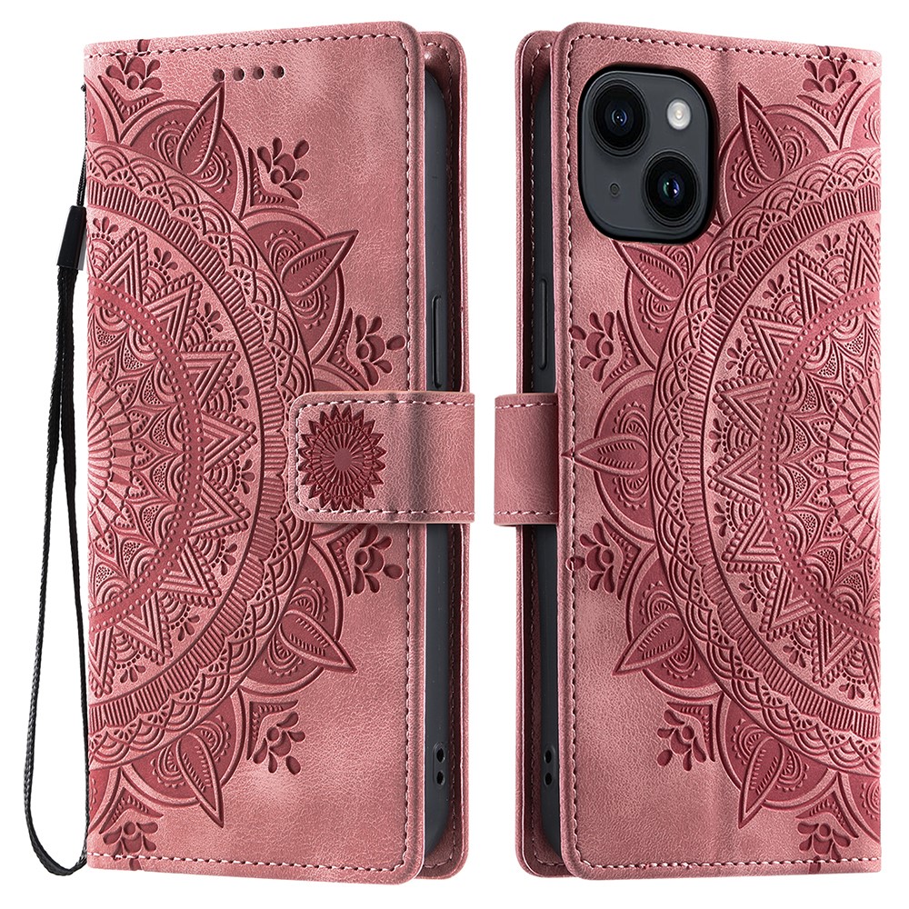 Style 018 For iPhone 15 Case Imprinted Totem Skin Feel Wallet Leather Phone Cover - Rose Gold