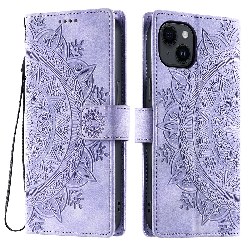 Style 018 For iPhone 15 Case Imprinted Totem Skin Feel Wallet Leather Phone Cover - Purple