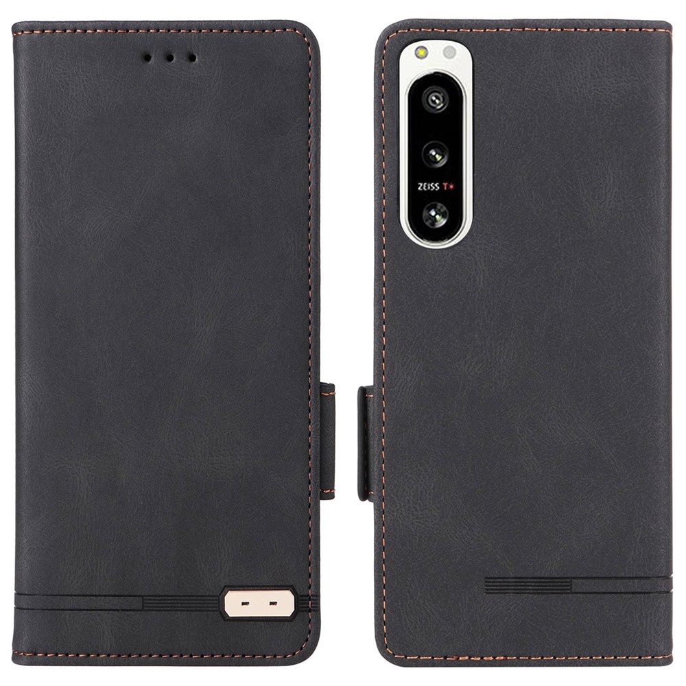 Hardware Decor Phone Case for Sony Xperia 5 IV 5G, Full Protection Dual Magnetic Clasp PU Leather Wallet Stand Phone Cover - Black-1
