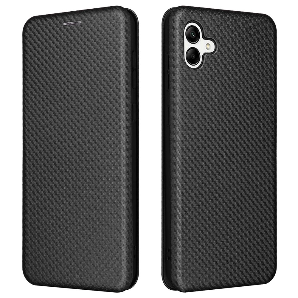 For Samsung Galaxy A04 4G (164.4 x 76.3 x 9.1 mm) Carbon Fiber Texture Smartphone Case Full Coverage PU Leather Magnetic Auto-absorbed Stand Card Holder Phone Shell - Black-1