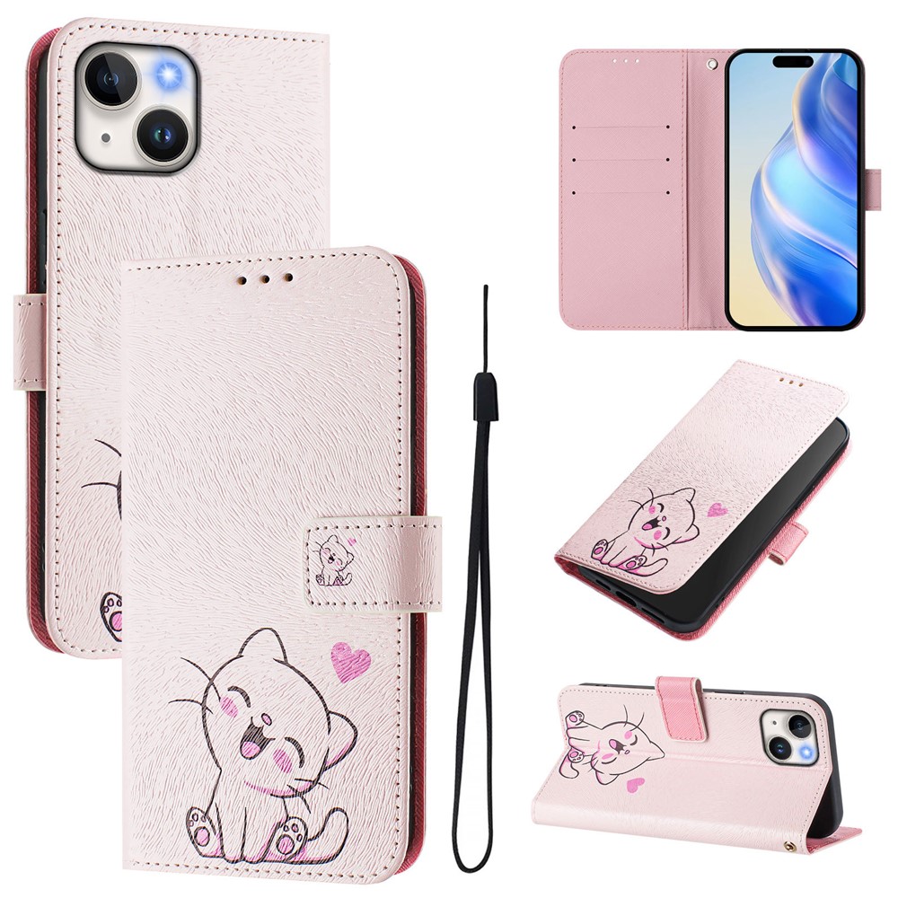 For iPhone 15 Case Pattern Printing Wallet Phone Cover with Strap - Cute Cat