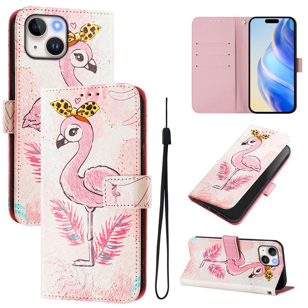 For iPhone 15 Case Pattern Printing Wallet Phone Cover with Strap - Bird