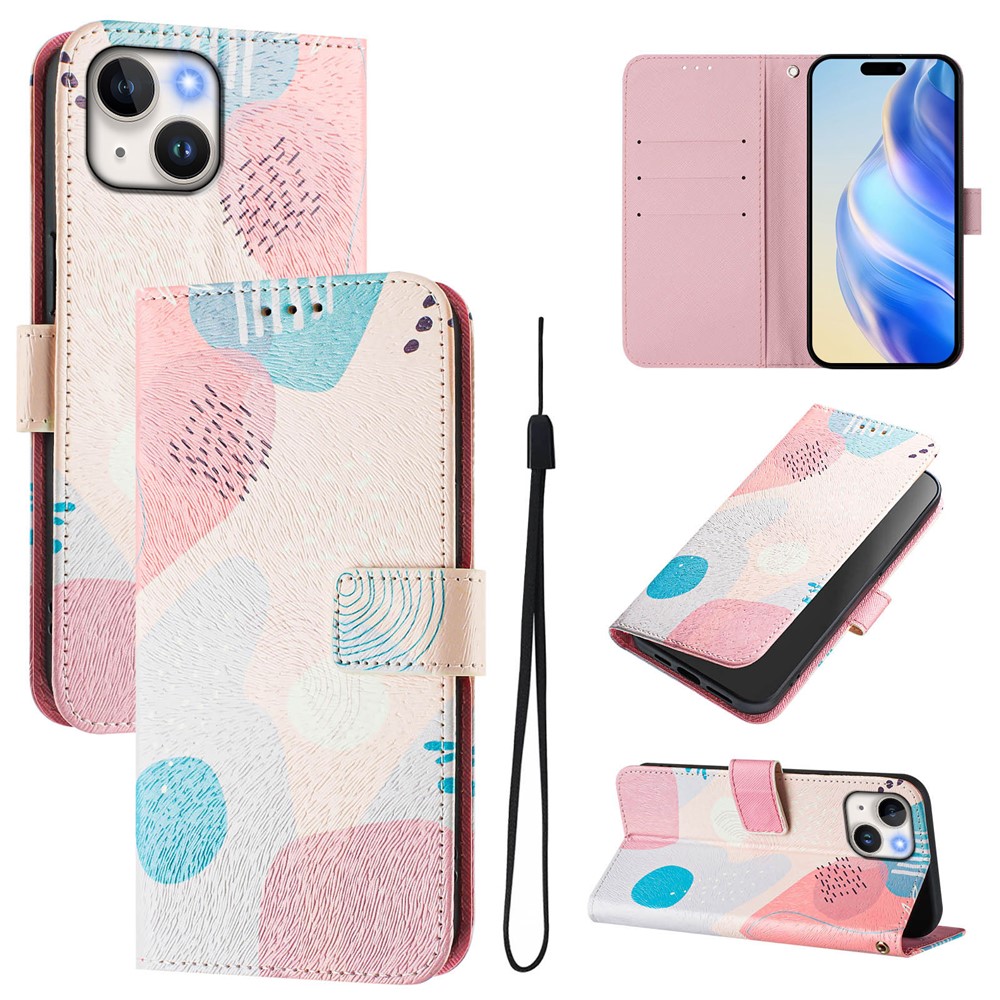 For iPhone 15 Case Pattern Printing Wallet Phone Cover with Strap - Graffiti