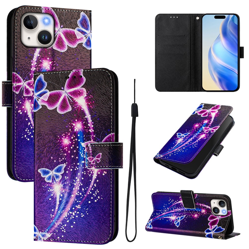 For iPhone 15 Case Pattern Printing Wallet Phone Cover with Strap - Firework Butterfly