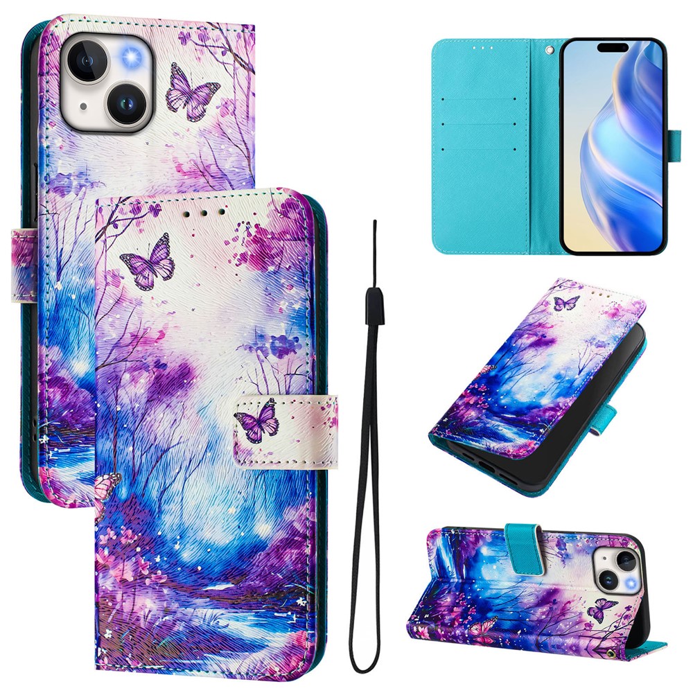 For iPhone 15 Case Pattern Printing Wallet Phone Cover with Strap - Dream Valley