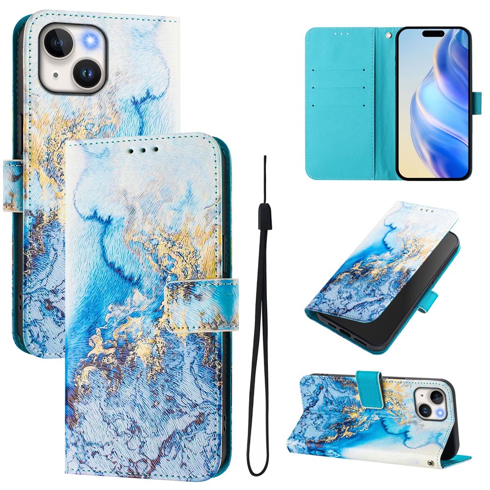For iPhone 15 Case Pattern Printing Wallet Phone Cover with Strap - Ocean Marble