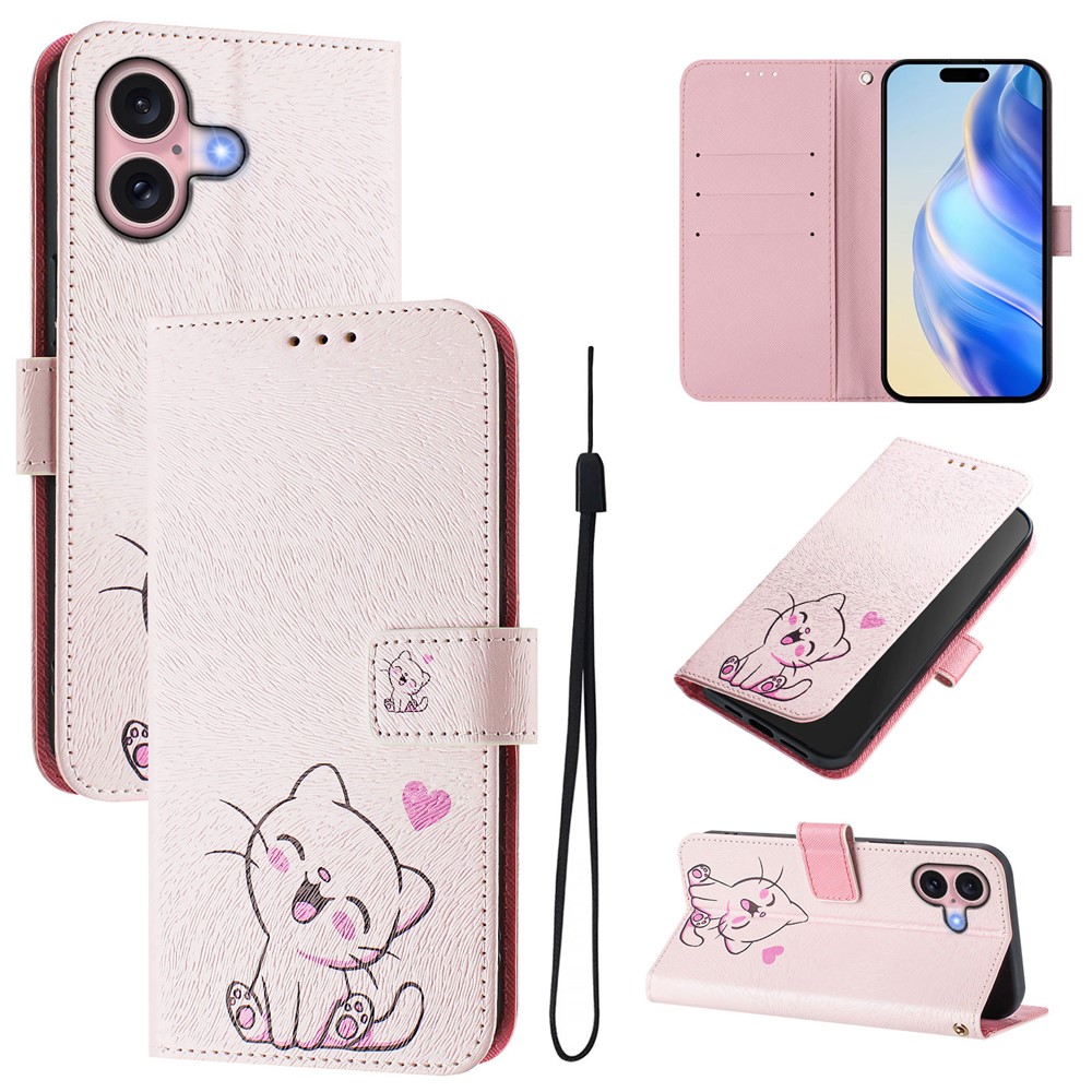 For iPhone 16 Case Pattern Printing Wallet Phone Cover with Strap - Cute Cat