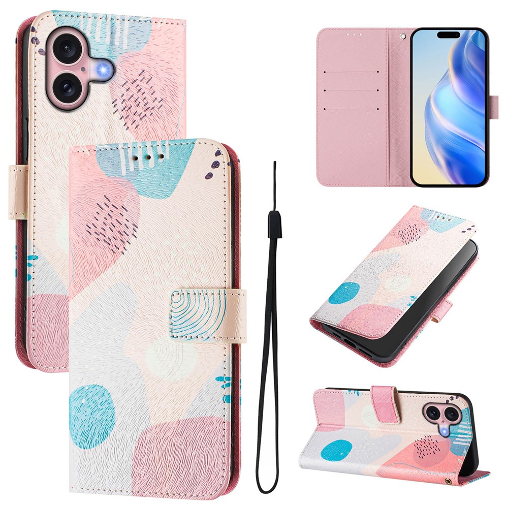 For iPhone 16 Case Pattern Printing Wallet Phone Cover with Strap - Graffiti