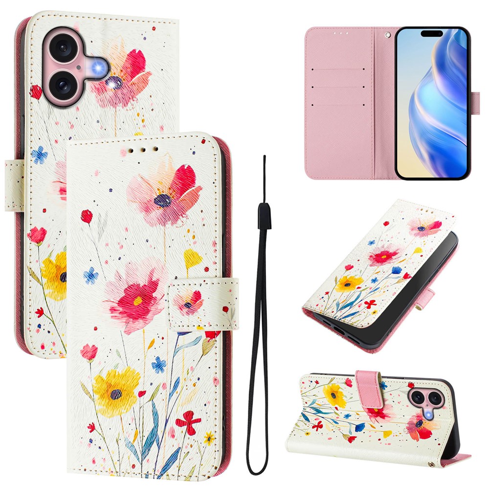 For iPhone 16 Case Pattern Printing Wallet Phone Cover with Strap - Flower