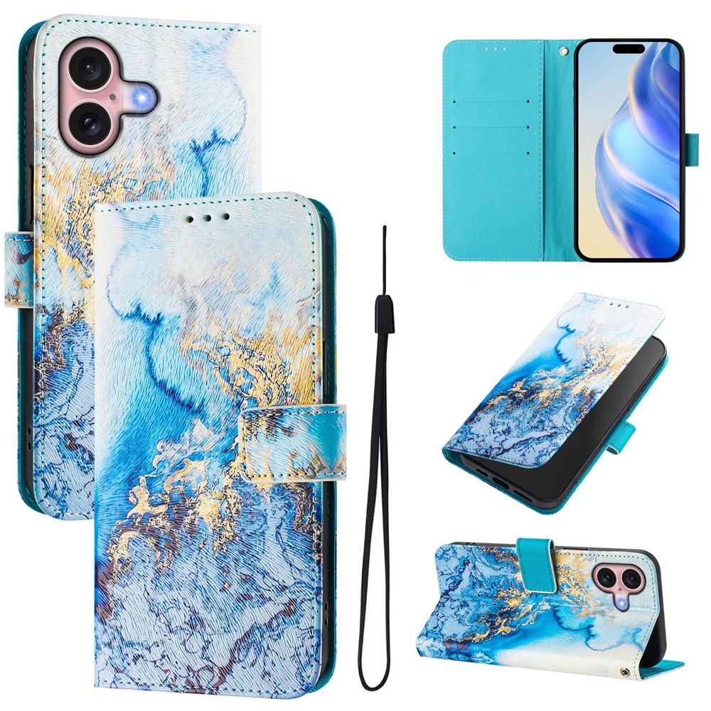 For iPhone 16 Case Pattern Printing Wallet Phone Cover with Strap - Ocean Marble