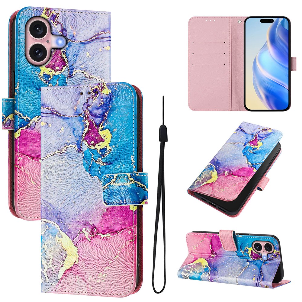 For iPhone 16 Case Pattern Printing Wallet Phone Cover with Strap - Multicolor Marble