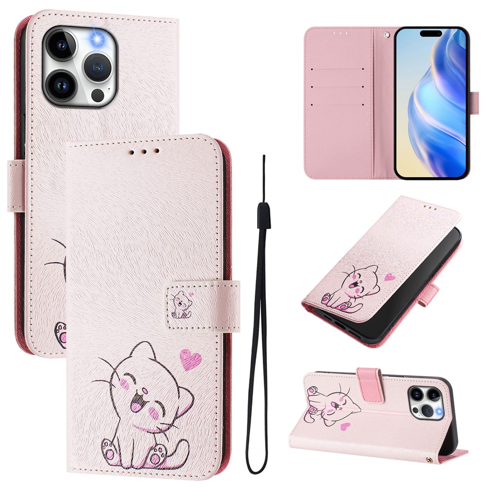 For iPhone 15 Pro Max Case Pattern Printing Wallet Phone Cover with Strap - Cute Cat