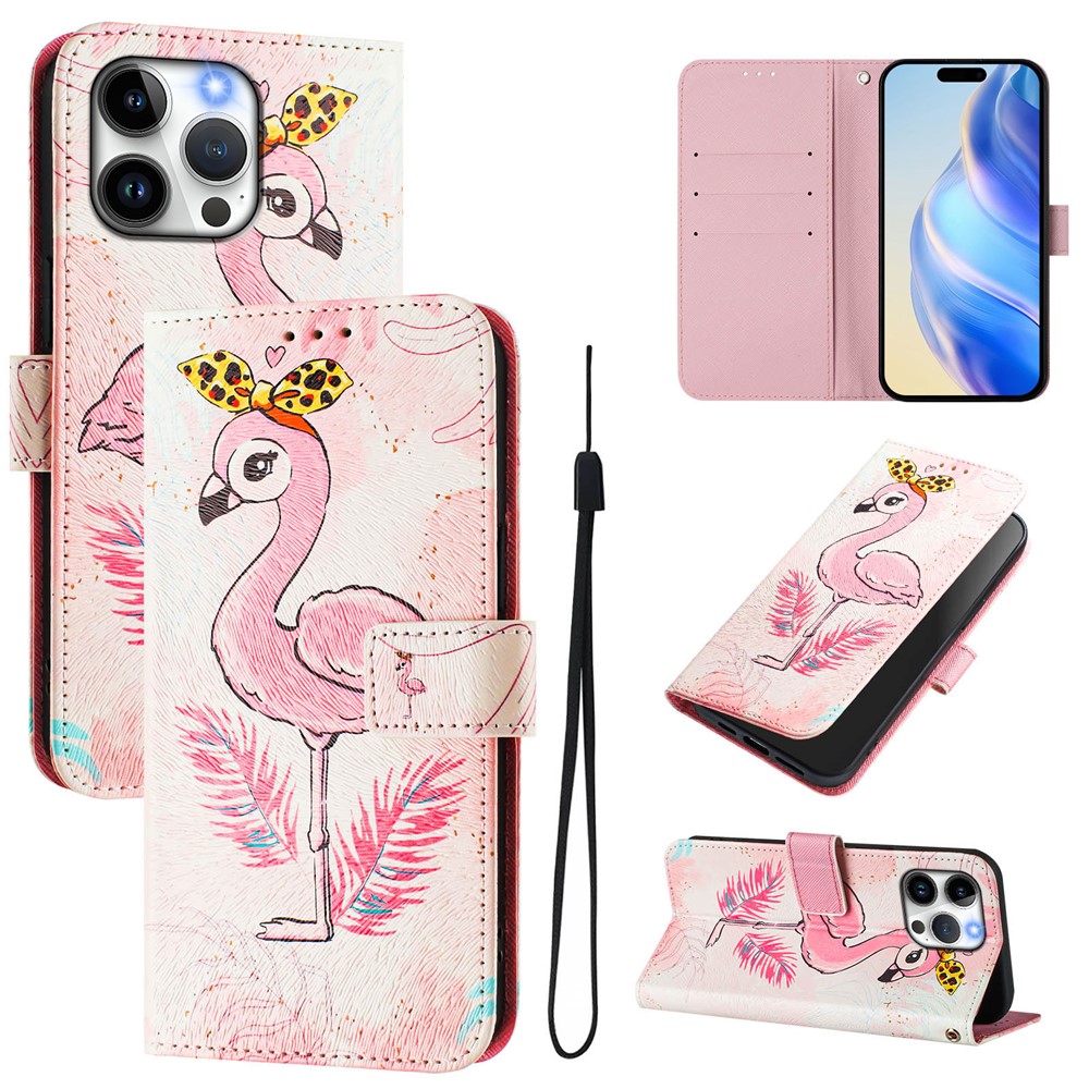 For iPhone 15 Pro Max Case Pattern Printing Wallet Phone Cover with Strap - Bird