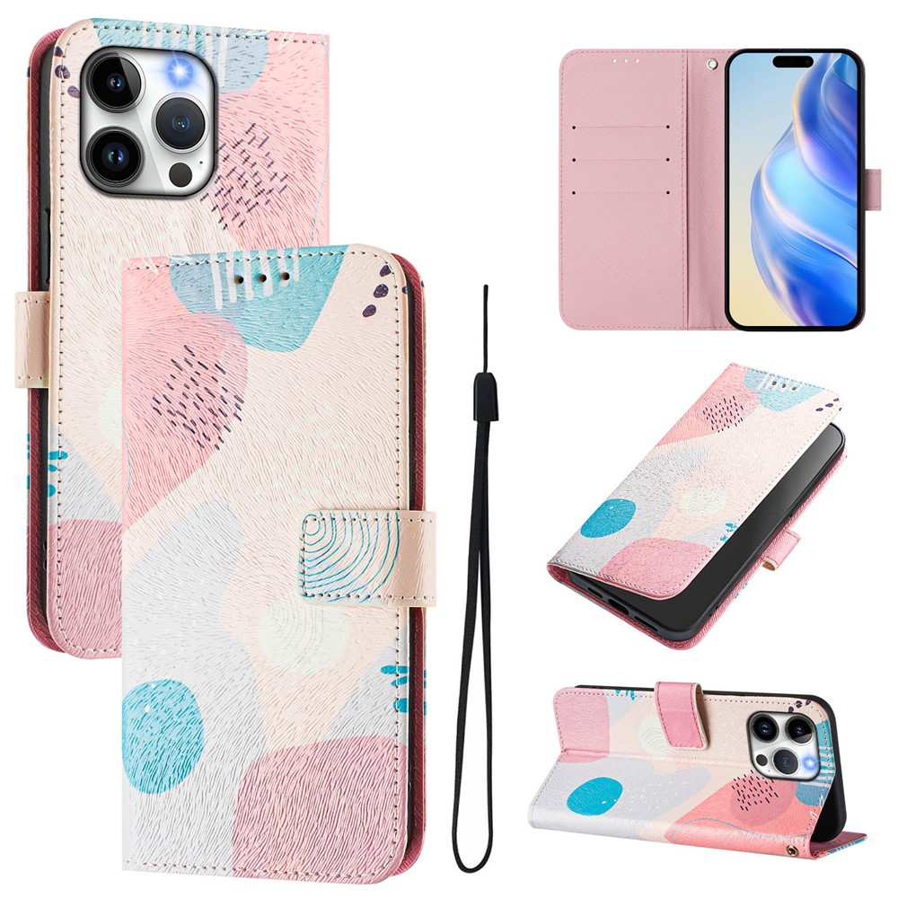 For iPhone 15 Pro Max Case Pattern Printing Wallet Phone Cover with Strap - Graffiti