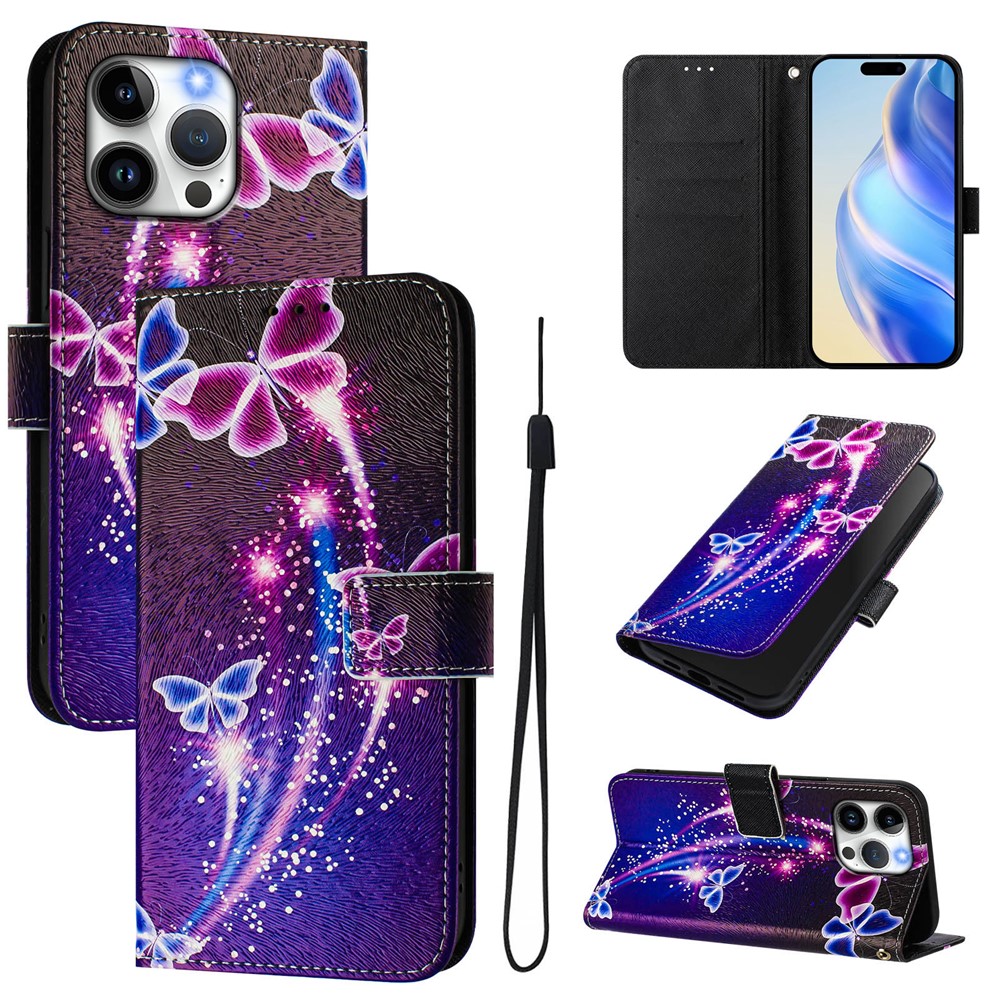For iPhone 15 Pro Max Case Pattern Printing Wallet Phone Cover with Strap - Firework Butterfly