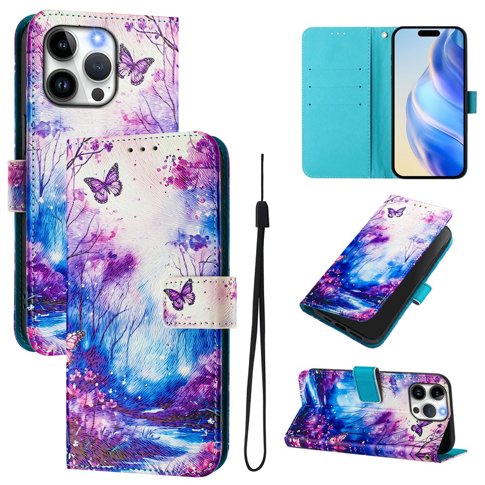 For iPhone 15 Pro Max Case Pattern Printing Wallet Phone Cover with Strap - Dream Valley