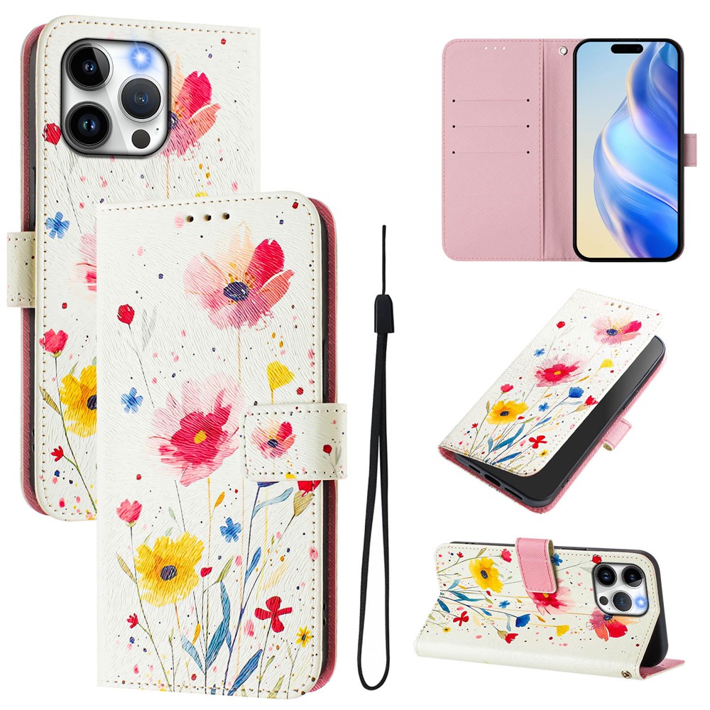 For iPhone 15 Pro Max Case Pattern Printing Wallet Phone Cover with Strap - Flower