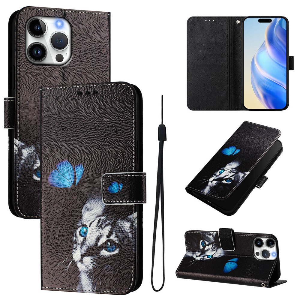 For iPhone 16 Pro Max Case Pattern Printing Wallet Phone Cover with Strap - Butterfly and Cat