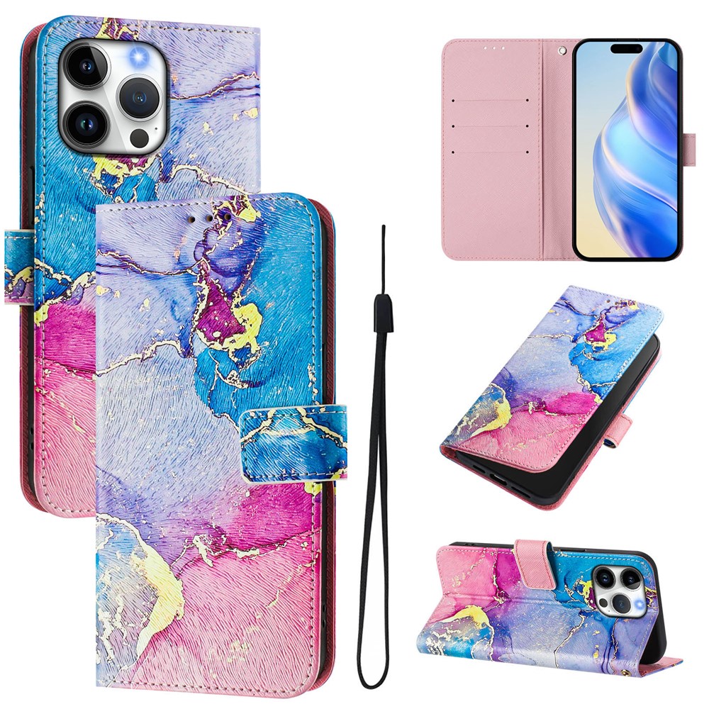 For iPhone 16 Pro Max Case Pattern Printing Wallet Phone Cover with Strap - Multicolor Marble