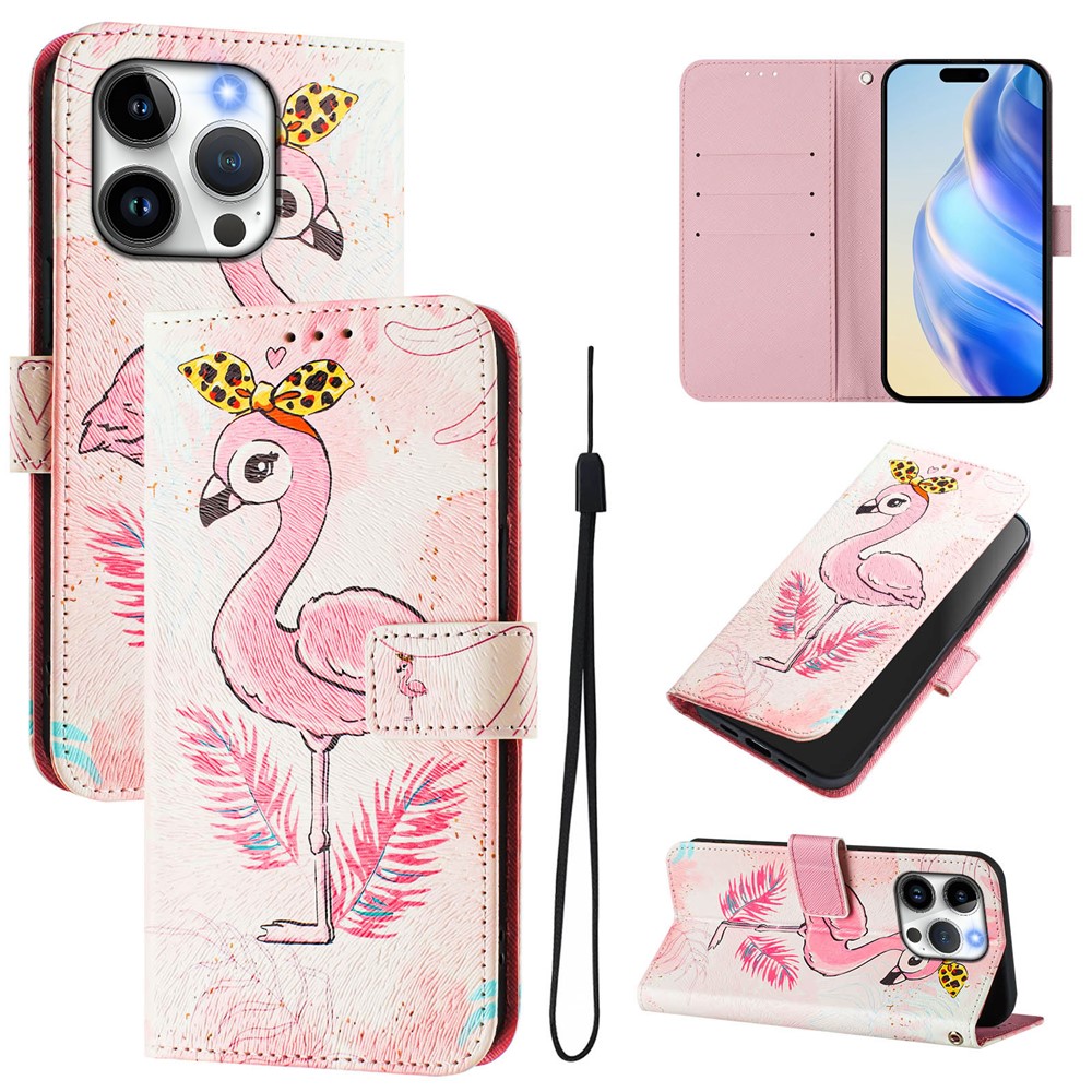 For iPhone 15 Pro Case Pattern Printing Wallet Phone Cover with Strap - Bird
