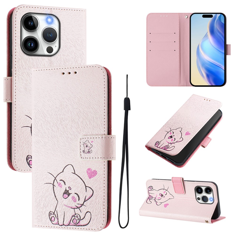 For iPhone 15 Pro Case Pattern Printing Wallet Phone Cover with Strap - Cute Cat