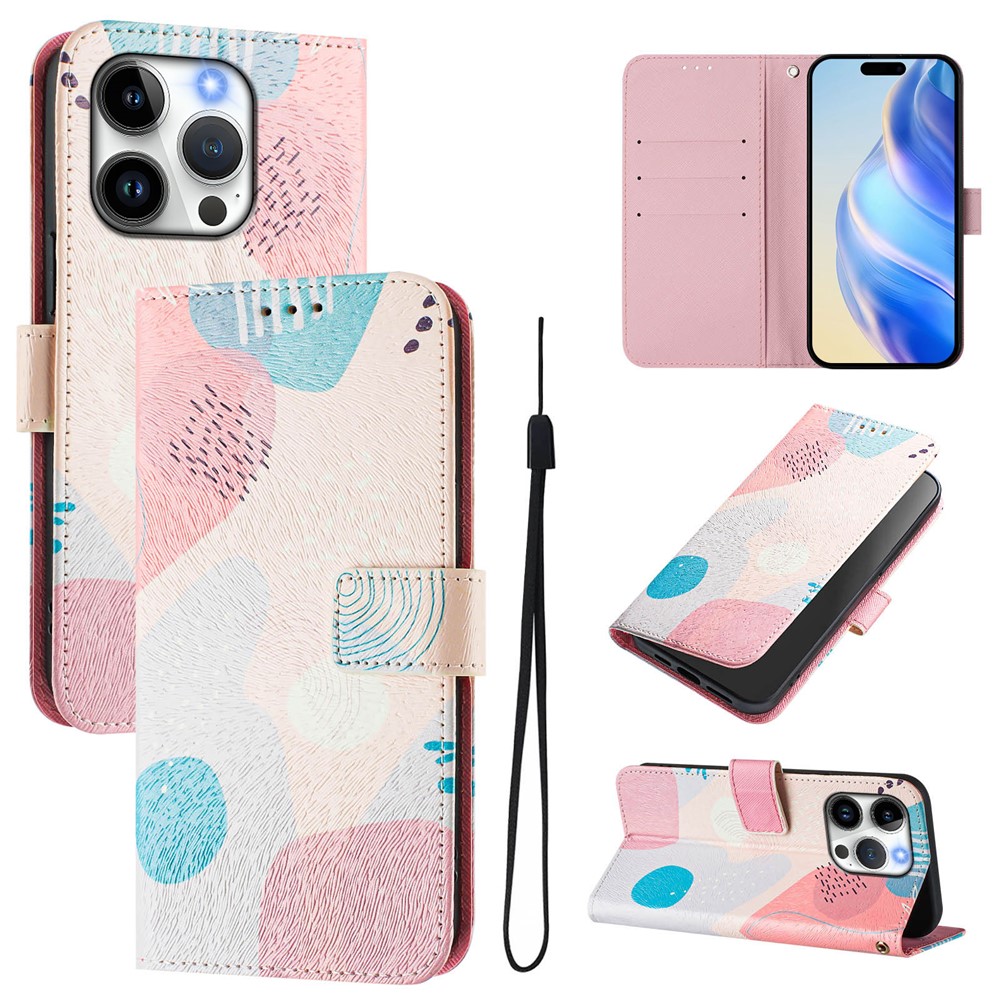 For iPhone 15 Pro Case Pattern Printing Wallet Phone Cover with Strap - Graffiti