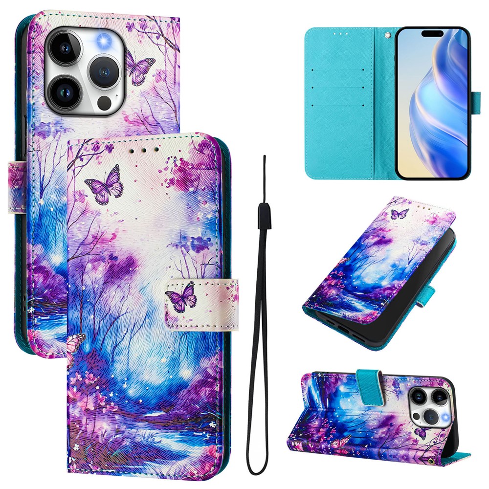 For iPhone 15 Pro Case Pattern Printing Wallet Phone Cover with Strap - Dream Valley