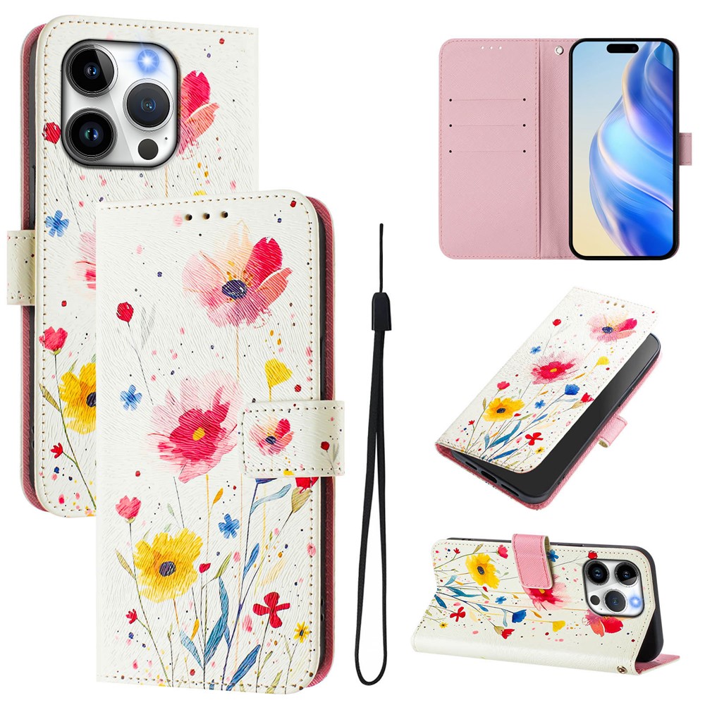 For iPhone 15 Pro Case Pattern Printing Wallet Phone Cover with Strap - Flower